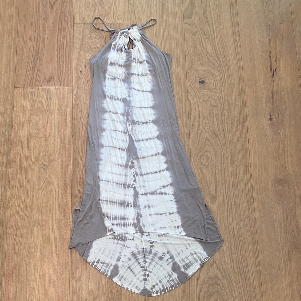 LA Made Gray and White Tie Dye Asymmetrical Midi Dress